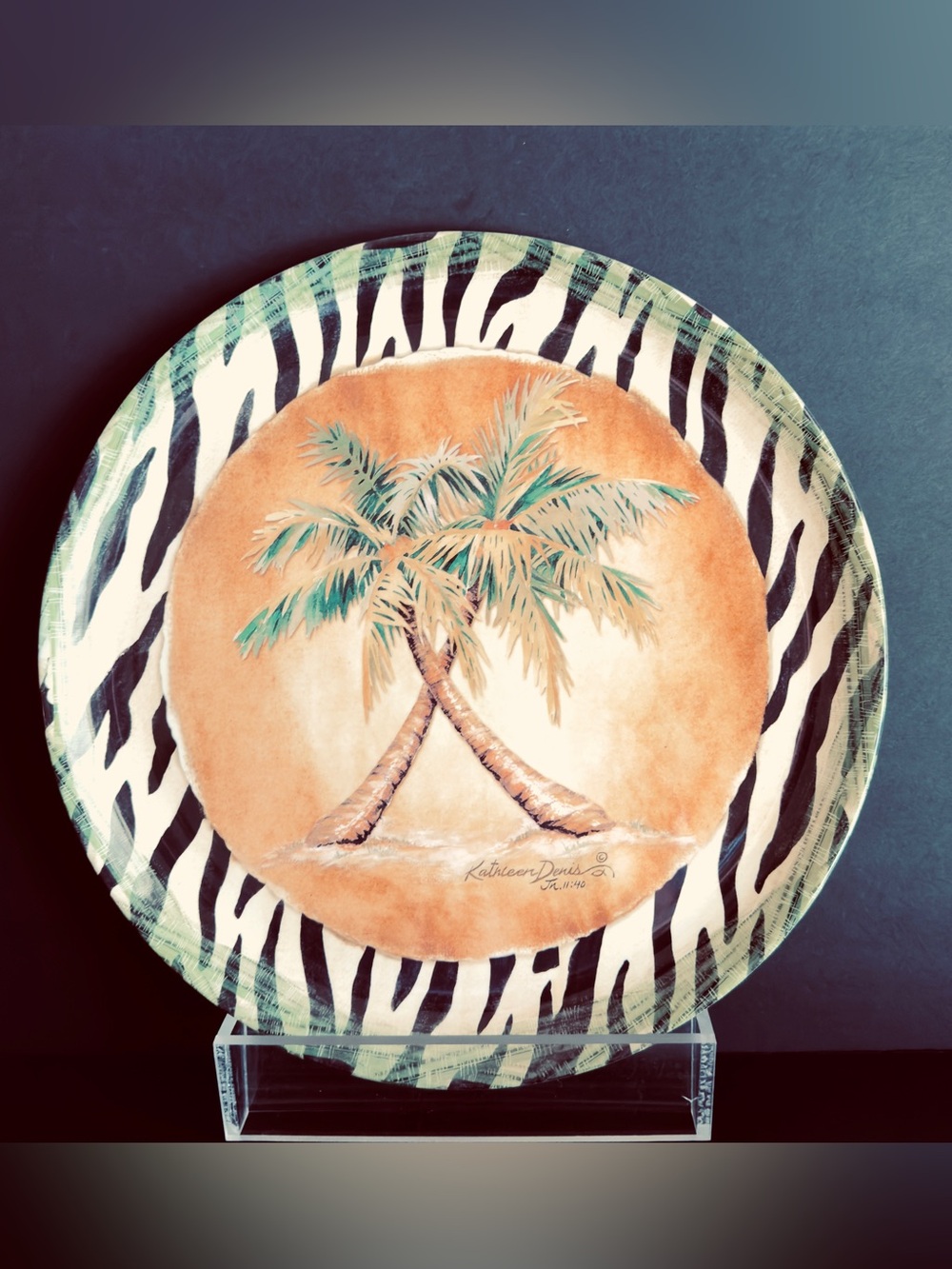 Vintage Round Animal Print 14” Palm Tree/Animal Design. Serving Platter
